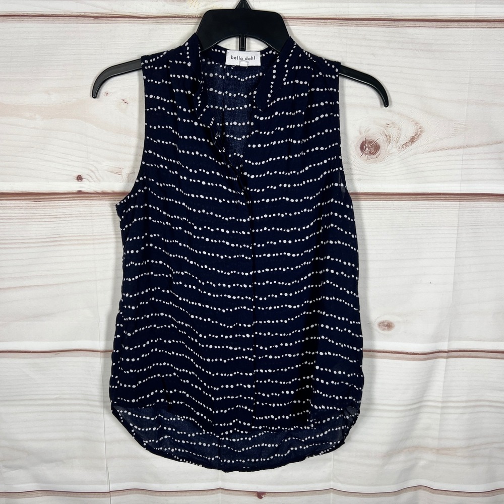Bella Dahl Sleeveless Blouse Womens XS Navy Polka Dot Lightweight Pullover Woven